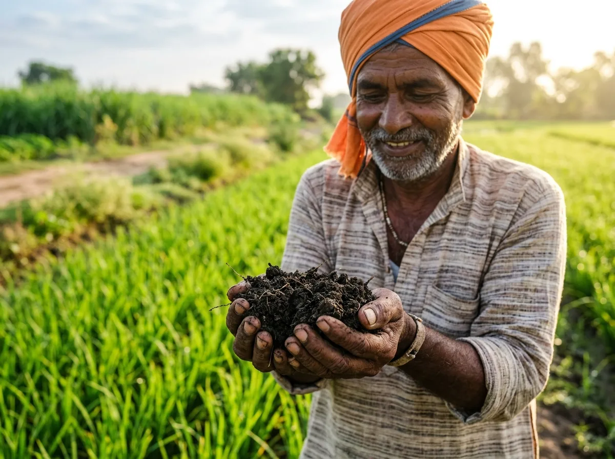 Indian Farmer inspecting rich fertile soil with Udaan Agritech